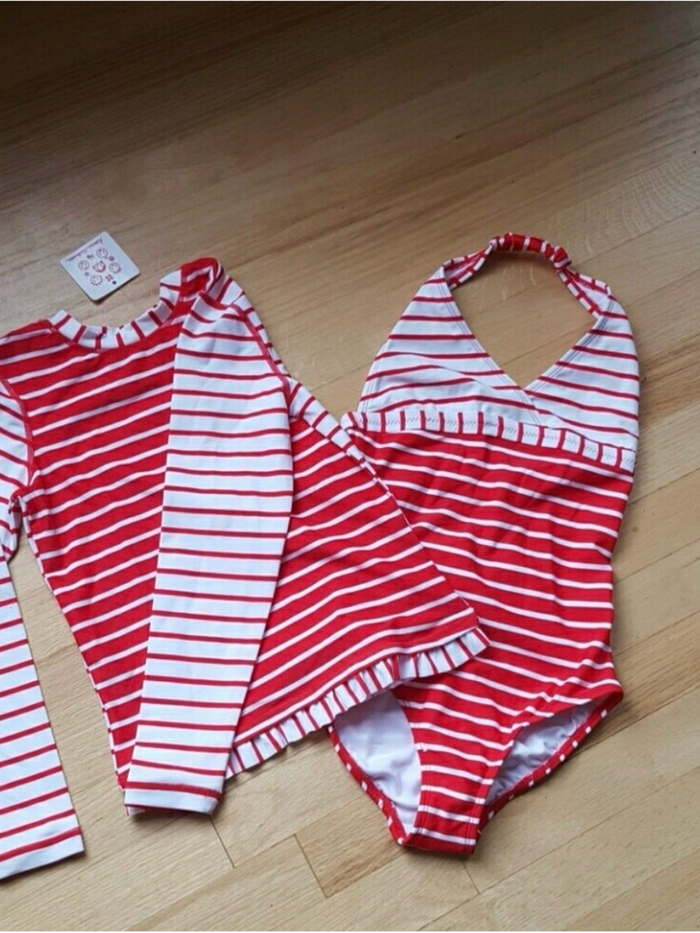 Hanna Andersson Red & White Striped One-Piece Swimsuit with Matching Rash Guard